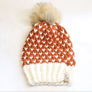 Handmade Knitted Heart Beanie - Pumpkin Spice - Faux Fur Pom Pom -Gift for Women